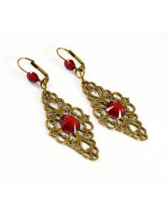 Cercei lungi elemente bronz si margele rosii