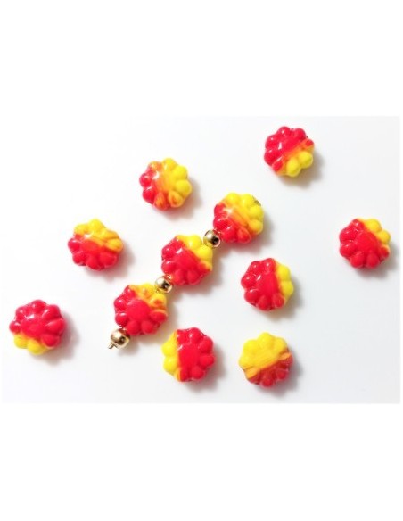 4 Margele sticla presata Cehia floare plata 9 mm - galben/orange