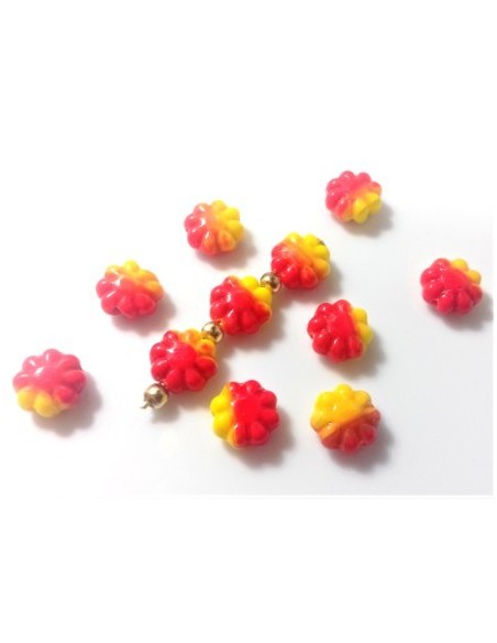 4 Margele sticla presata Cehia floare plata 9 mm - galben/orange