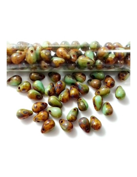 10 Margele sticla Cehia drop (picatura) 4 x 6 mm verde Picasso