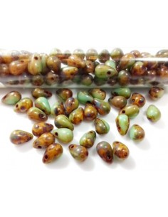 10 Margele sticla Cehia drop (picatura) 4 x 6 mm verde Picasso 2