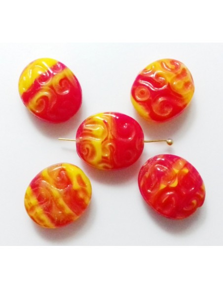 Margele Cehia sticla presata oval embosat 17x14 mm - Orange/Yellow