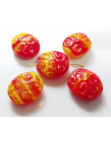 Margele Cehia sticla presata oval embosat 17x14 mm - Orange/Yellow