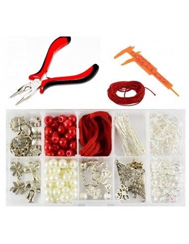 Kit 200 margele rosii/albe si componente pentru confectionare bijuterii