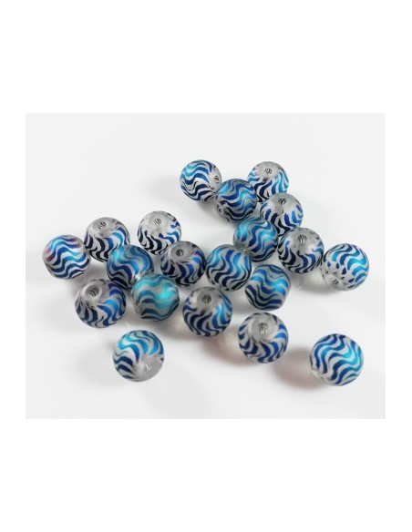 4 Margele sferice sticla mata cu model albastru 8mm